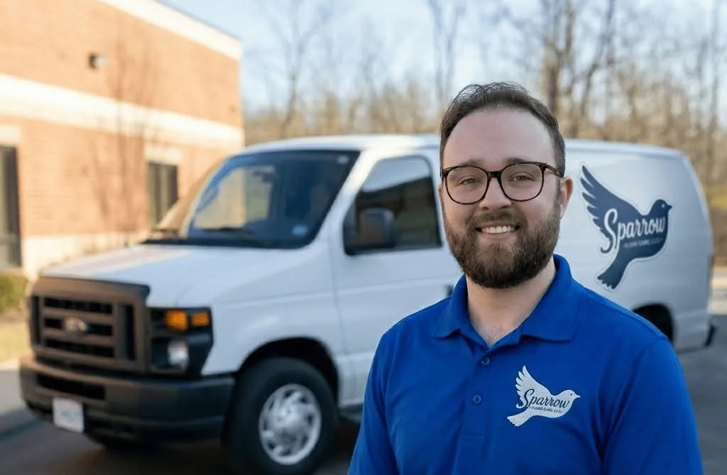 Sparrow Floor Care owner with the company van